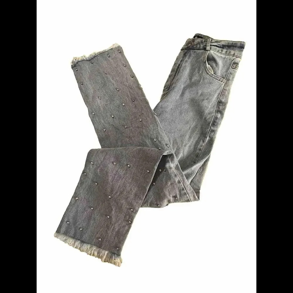 Blue B Light Wash Distressed Rhinestone Embellished Wide Leg Preppy Y2K Jean‎